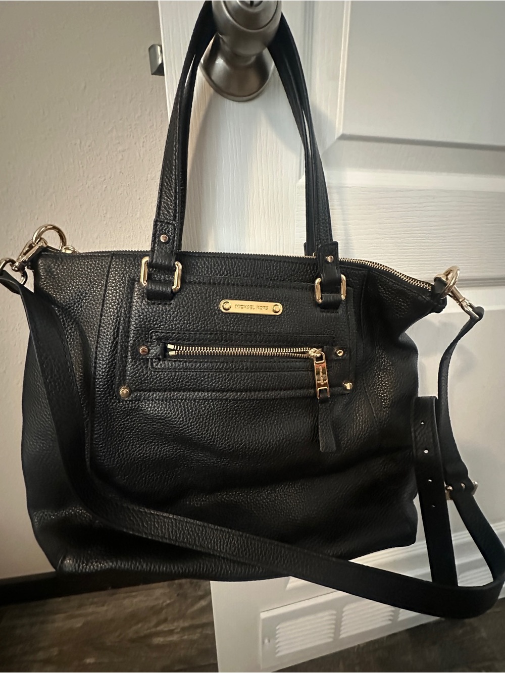 Michael Kors Black Pebbled Leather Shoulder Bag with Gold Hardware